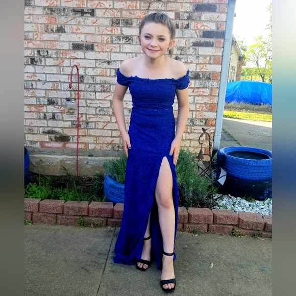 Sequin Hearts Blue Off-Shoulder Flutter Sleeve Gown - Picture 6 of 10